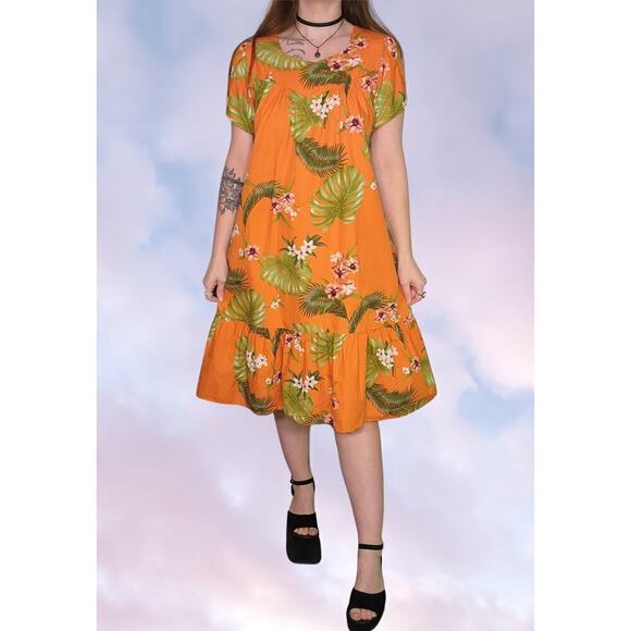 100% Cotton Orange w/ Green Palm Tree Midi Summer Flowy Dress w/ Pockets - Picture 1 of 9